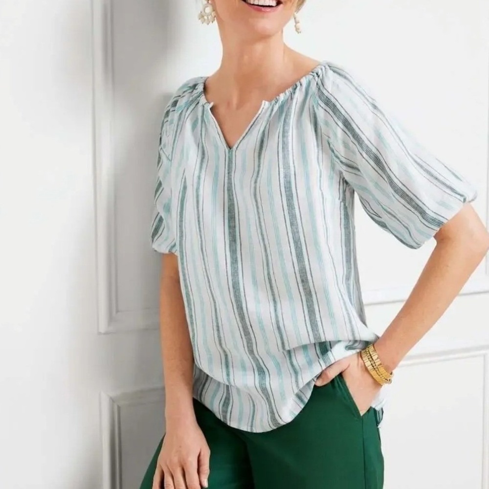 Talbots Petite Linen Popover Blouse Breezy Stripe Blue White V-Neck Top MP